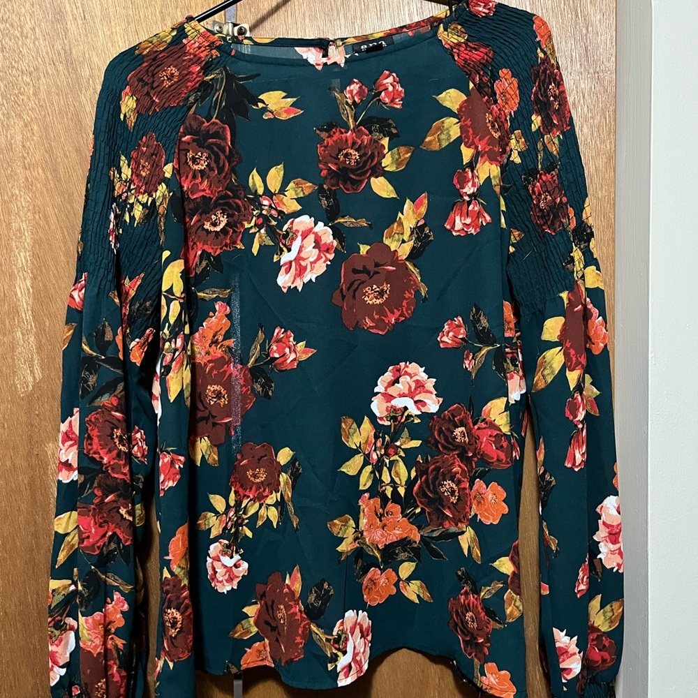 a.n.a Floral Long Sleeve Blouse - Dark Green and Red